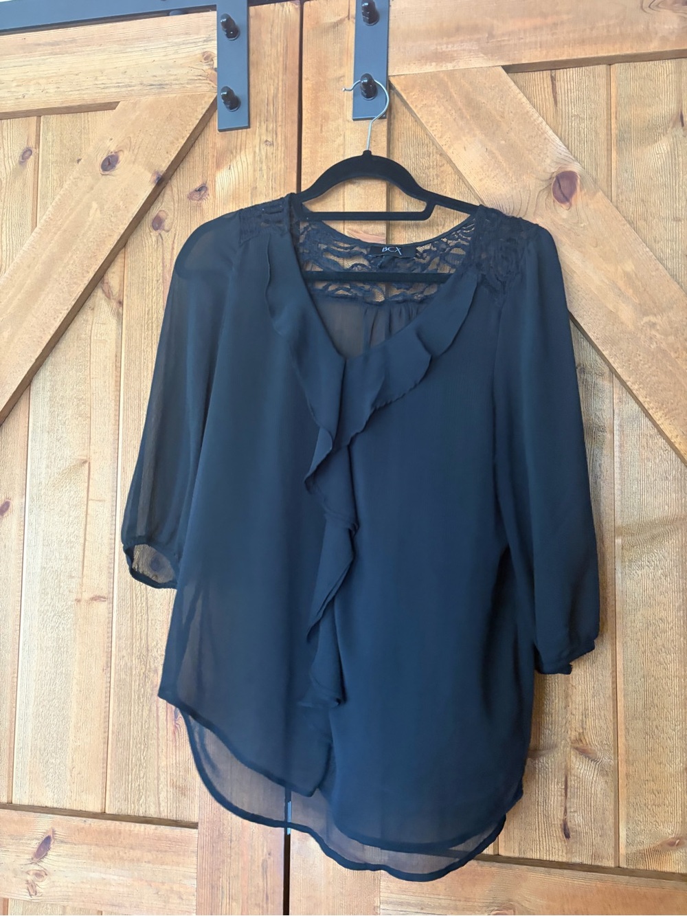 BCX Black Lace Yoke Ruffle Blouse